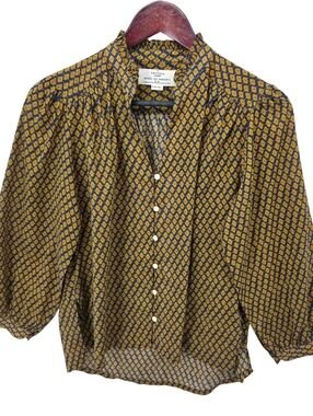 Trovata Birds of Paradis Blouse XS Blue Gold Geometric Cotton Boho Blouse Top